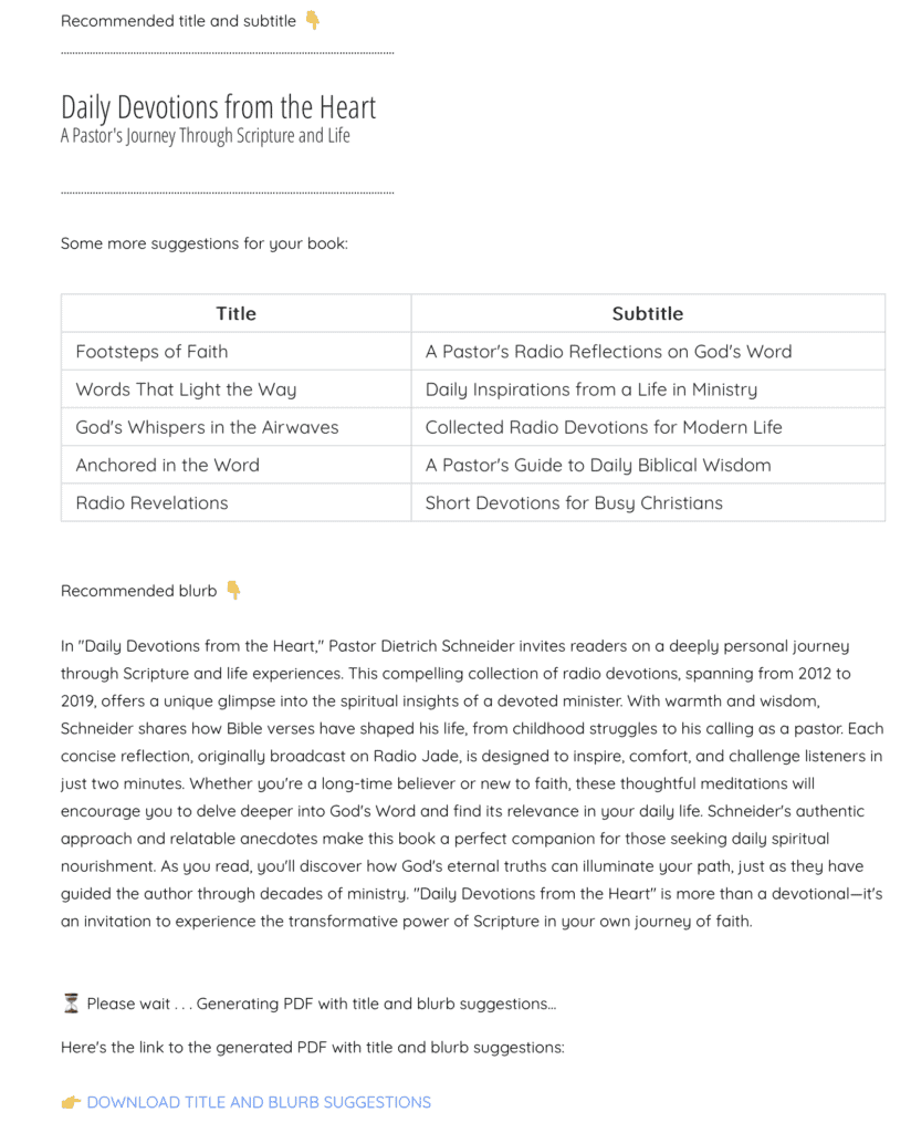Example of generated title and blurb suggestions
